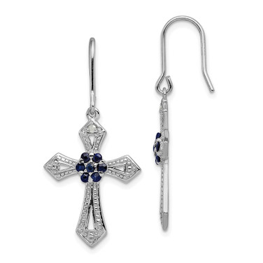 39mm Sterling Silver Rhodium-plated Polished & Beaded Diamond Accent & Black CZ Passion Cross Dangle Earrings