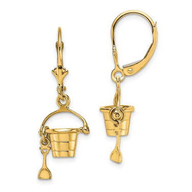 Image of 27.2mm 14K Yellow Gold 3-D Beach Bucket w/ Shovel Leverback Earrings