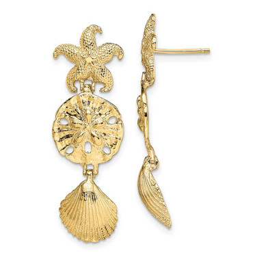 Image of 35.2mm 14K Yellow Gold Diamond-cut Starfish, Shell ,Sand Dollar Dangle Earrings