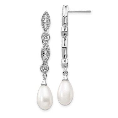 Image of 48mm Cheryl M Sterling Silver Rhodium-plated Teardrop Freshwater Cultured Pearl and Brilliant-cut CZ Post Dangle Earrings QCM711 Image of 48mm Cheryl M Sterling Silver Rhodium-plated Teardrop Freshwater Cultured Pearl and Brilliant-cut CZ Post Dangle Earrings QCM711