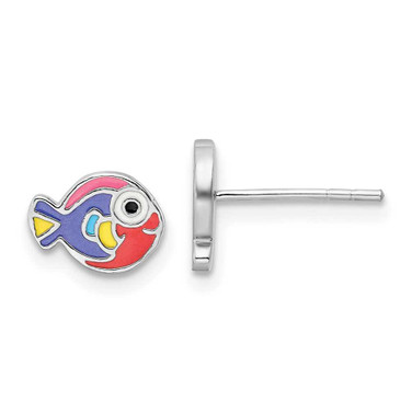 Image of 6.4mm Sterling Silver Rhodium-plated Polished Multi-color Enameled Fish Childrens Post Earrings
