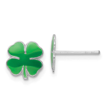 Image of 9mm Sterling Silver Rhodium-plated Polished & Green Enameled Four Leaf Clover Childrens Post Earrings