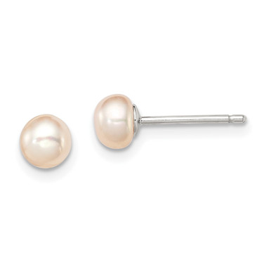 4-4.5mm Sterling Silver Rhodium-plated Polished 4-5mm Pink Button Freshwater Cultured Pearl Childrens Post Earrings