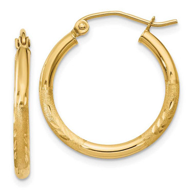 Image of 20mm 10k Yellow Gold Satin and Diamond-cut 2mm Round Tube Hoop Earrings 10TC210