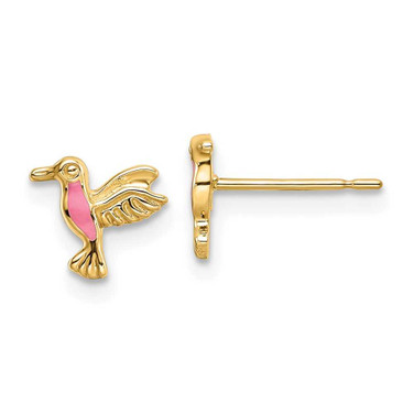 Image of 7mm 14K Yellow Gold Pink Enamel Hummingbird Post Earrings