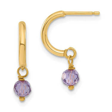 Image of 17.7mm 14k Yellow Gold Round Purple CZ Dangle C-Hoop Earrings