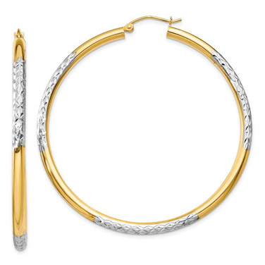 Image of 55mm 14K Yellow Gold and Rhodium Diamond-cut 3x55mm Hoop Earrings