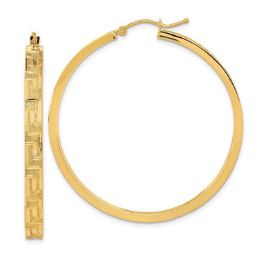Image of 46.63mm 14K Yellow Gold Polished and Satin Greek Pattern Hoop Earrings