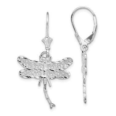 Sterling Silver Polished Filigree Dragonfly Leverback Earrings