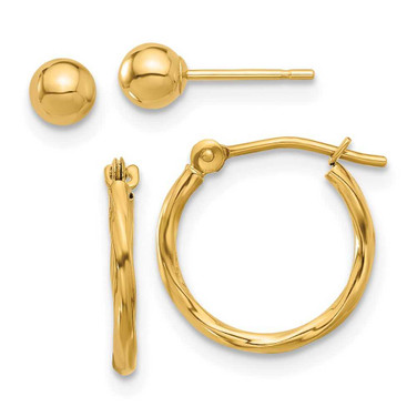 Image of 14K Yellow Gold Polished 4mm Ball and Twisted Hoop Earrings Set