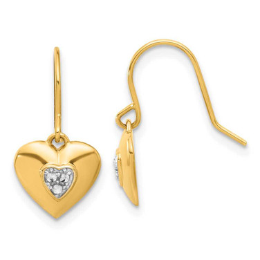 Image of 19.25mm 14K Yellow Gold and White Rhodium Diamond-cut Heart Dangle Earrings