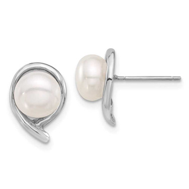 Image of 12mm 14K White Gold 7-8mm Button White Freshwater Cultured Pearl Post Earrings