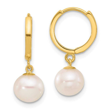 Image of 21.3mm 14K Yellow Gold 7-8mm Round Freshwater Cultured Pearl Dangle Hoop Earrings Image of 21.3mm 14K Yellow Gold 7-8mm Round Freshwater Cultured Pearl Dangle Hoop Earrings