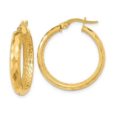 Image of 24.66mm 14K Yellow Gold Polished and Textured Diamond-cut Inside Fancy Hoop Earrings