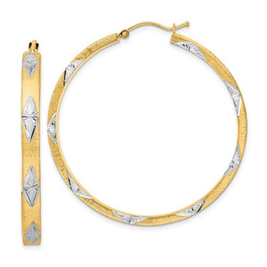 Image of 46.67mm 14K Yellow Gold White Rhodium Polished Satin Diamond-cut Fancy Hoop Earrings