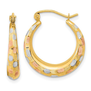 Image of 22.63mm 14K Yellow Gold White and Rose Rhodium Polished Satin Diamond-cut Hoop Earrings