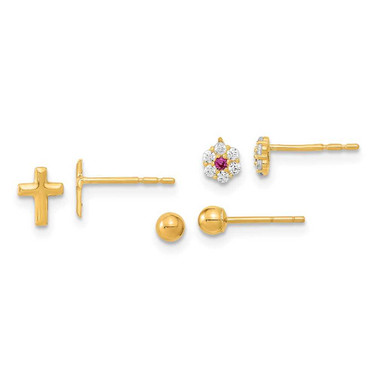 Image of 6mm 14K Yellow Gold Polished Set of Ball Post CZ Flowers and Cross 3 Pair Earrings Set