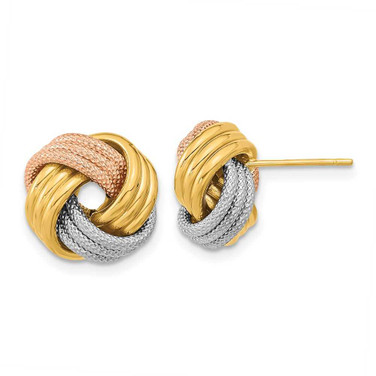 Image of 12.5mm 14k Yellow Gold w/White & Rose Rhodium Pol Textured Triple Love Knot Post Earrings