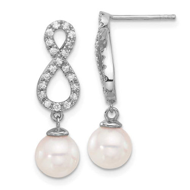 Image of 26mm 14K White Gold 7-8mm White Cultured Akoya Pearl and .40ctw Diamond Infinity Post Earrings