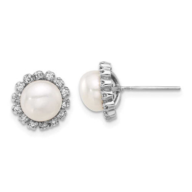 Image of 9mm 14K White Gold 7-8mm Button White Freshwater Cultured Pearl and .28ctw Diamond Post Earrings