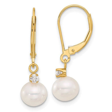 Image of 7.5mm 14K Yellow Gold 7-8mm Round White Freshwater Cultured Pearl and .10ctw Diamond Leverback Earrings