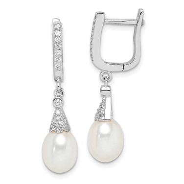 Image of 31.3mm Sterling Silver Rhodium-plated 7-8mm White Rice Freshwater Cultured Pearl CZ Earrings QE15200