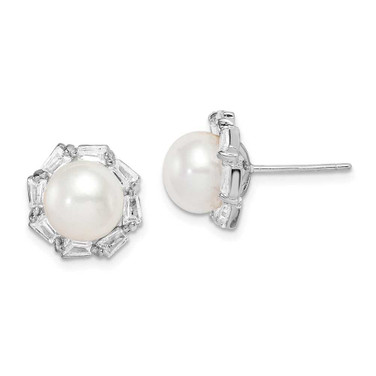 Image of 12.07mm Sterling Silver Rhodium-plated 8-9mm White Button Freshwater Cultured Pearl CZ Earrings QE15267