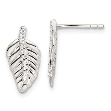 Image of 15.28mm Sterling Silver CZ Leaf Post Earrings