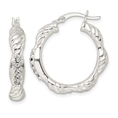 Image of 26.6mm Sterling Silver CZ Twisted Scalloped Hoop Earrings