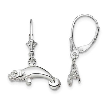 Image of 24.8mm Sterling Silver Polished 3D Manatee Leverback Earrings