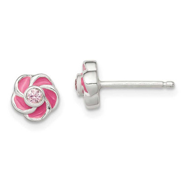 Image of 7mm Sterling Silver Polished Enamel Flower CZ Post Earrings