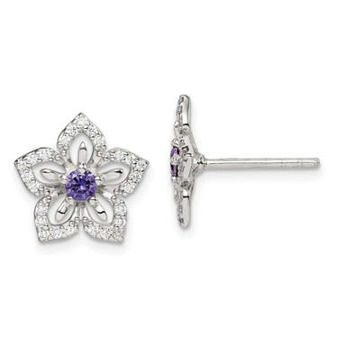Image of 11.47mm Sterling Silver Purple and Clear CZ Flower Post Earrings