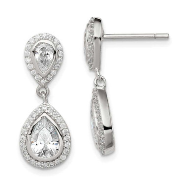 Image of 23mm Sterling Silver Polished CZ Pear Halo Post Dangle Earrings