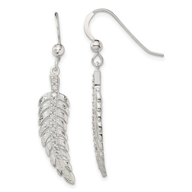 Image of 39.6mm Sterling Silver Textured CZ Feather Shepherd Hook Earrings