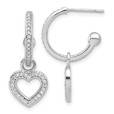 Image of 27mm Sterling Silver Polished CZ Dangle Heart Hoop Post Earrings