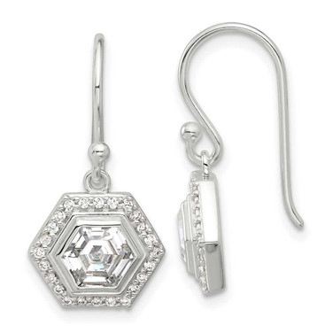 Image of 24.65mm Sterling Silver E-coated Polished CZ Hexagon Dangle Earrings