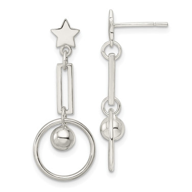 30mm Sterling Silver Polished Star and Circle Post Dangle Earrings
