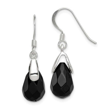 Image of 30mm Sterling Silver Polished Faceted Onyx Teardrop Dangle Earrings