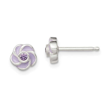 Image of 7mm Sterling Silver Polished Purple CZ Enamel Flower Post Earrings