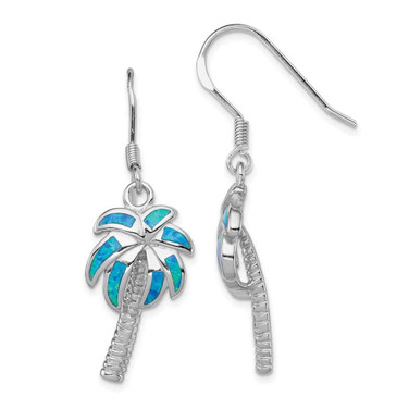 Image of 38mm Sterling Silver Created Blue Opal Inlay Palm Tree Dangle Earrings