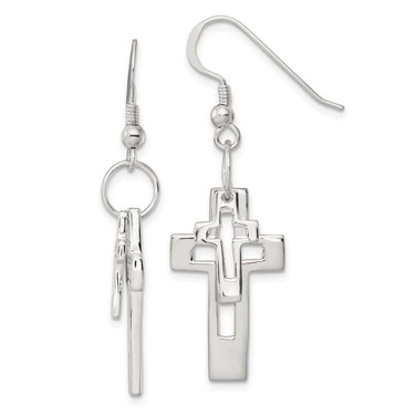Image of 47.5mm Sterling Silver Polished Double Open Cross Shepherd Hook Earrings