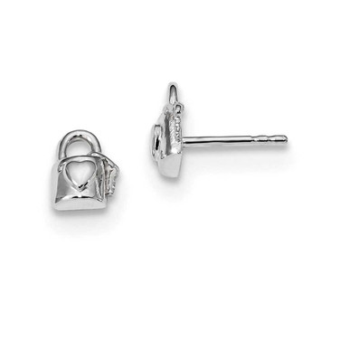 Image of 7.5mm Sterling Silver Rhodium-plated Lock w/Heart and Key Post Earrings