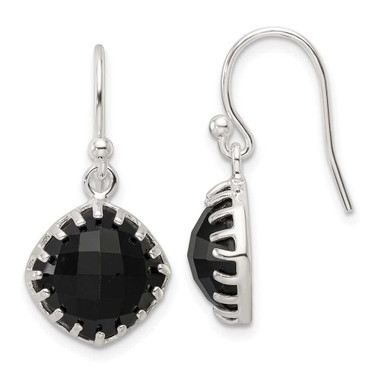 Image of 26.5mm Sterling Silver Polished Checkerboard Onyx Cushion Dangle Earrings