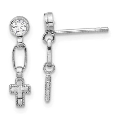 Image of Sterling Silver Rhodium-plated Bezel CZ Cross Post Dangle Earrings
