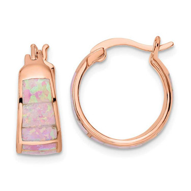 Image of 17.15mm Sterling Silver Pink Polished Pink Created Opal Inlay Hoop Earrings