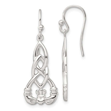 Image of Sterling Silver Polished Celtic Knot Claddagh Shepherd Hook Earrings
