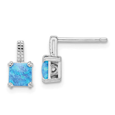 Image of 9.85mm Sterling Silver Rhodium-plated Square Blue Created Opal Post Earrings