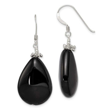 Image of 42mm Sterling Silver Polished & Beaded Black Agate Teardrop Dangle Earrings