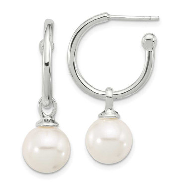 Image of 33mm Sterling Silver Polished Dangling 10mm Glass Pearl Post C-Hoop Earrings