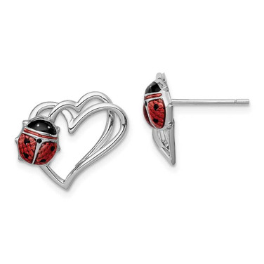 Image of 14mm Sterling Silver Rhodium-plated Heart with Enameled Ladybug Post Earrings